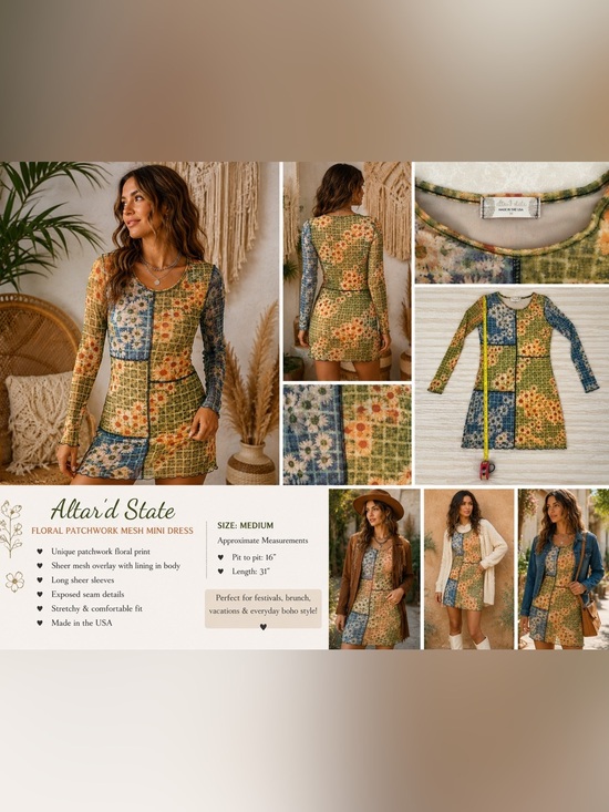 Altar'd State Dresses & Skirts - Altar'd State Boho Floral Patchwork Mesh Mini Dress - Green/Blue/Yellow